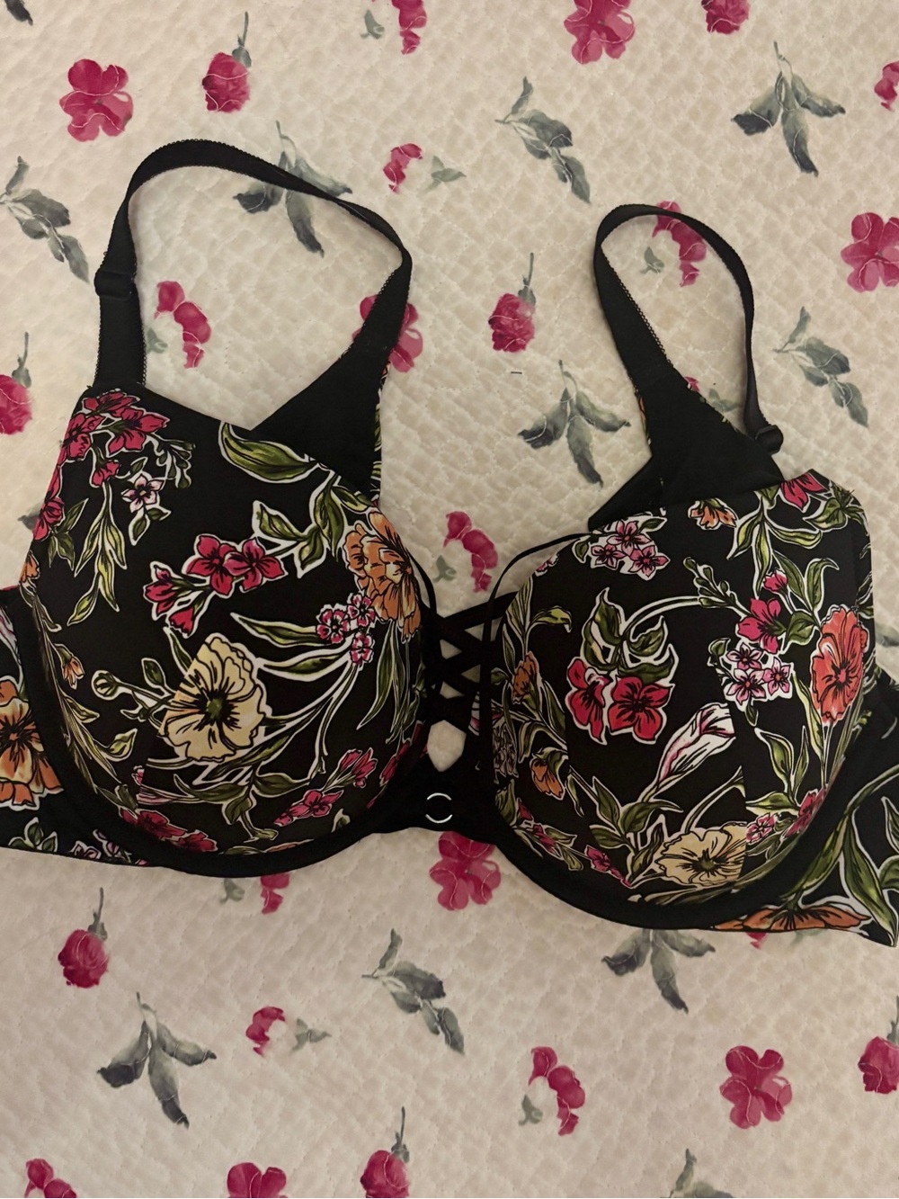 torrid Black Floral Lace-Up Padded Bra with Pink, Green & Yellow Accents